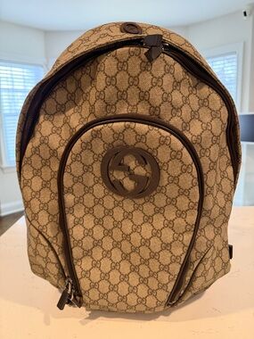 Gucci Brown GG Supreme Canvas Backpack with Dark Brown Trim